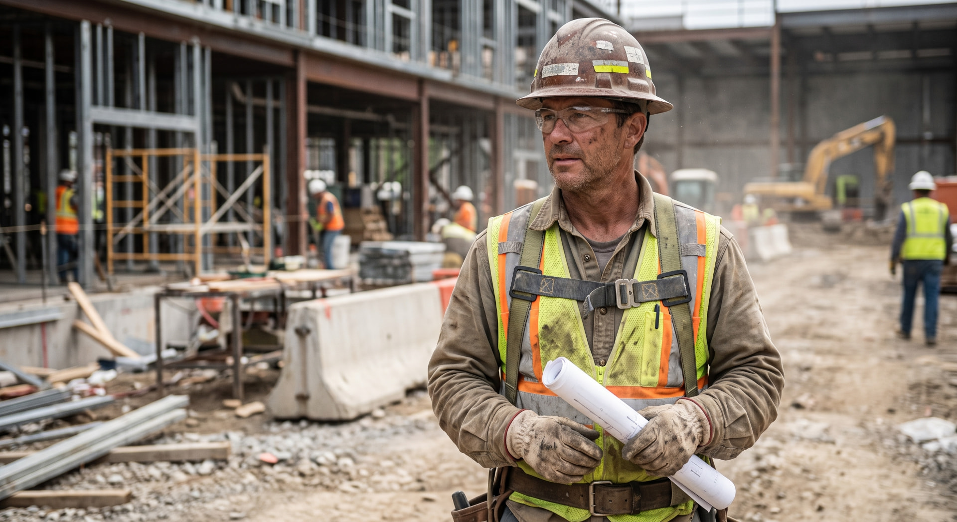 Construction worker wearing safety equipment at an active jobsite