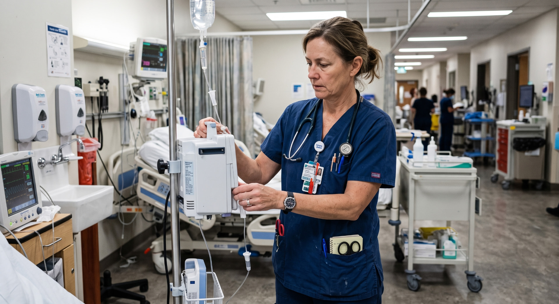 Nurse preparing clinical equipment in a hospital treatment area