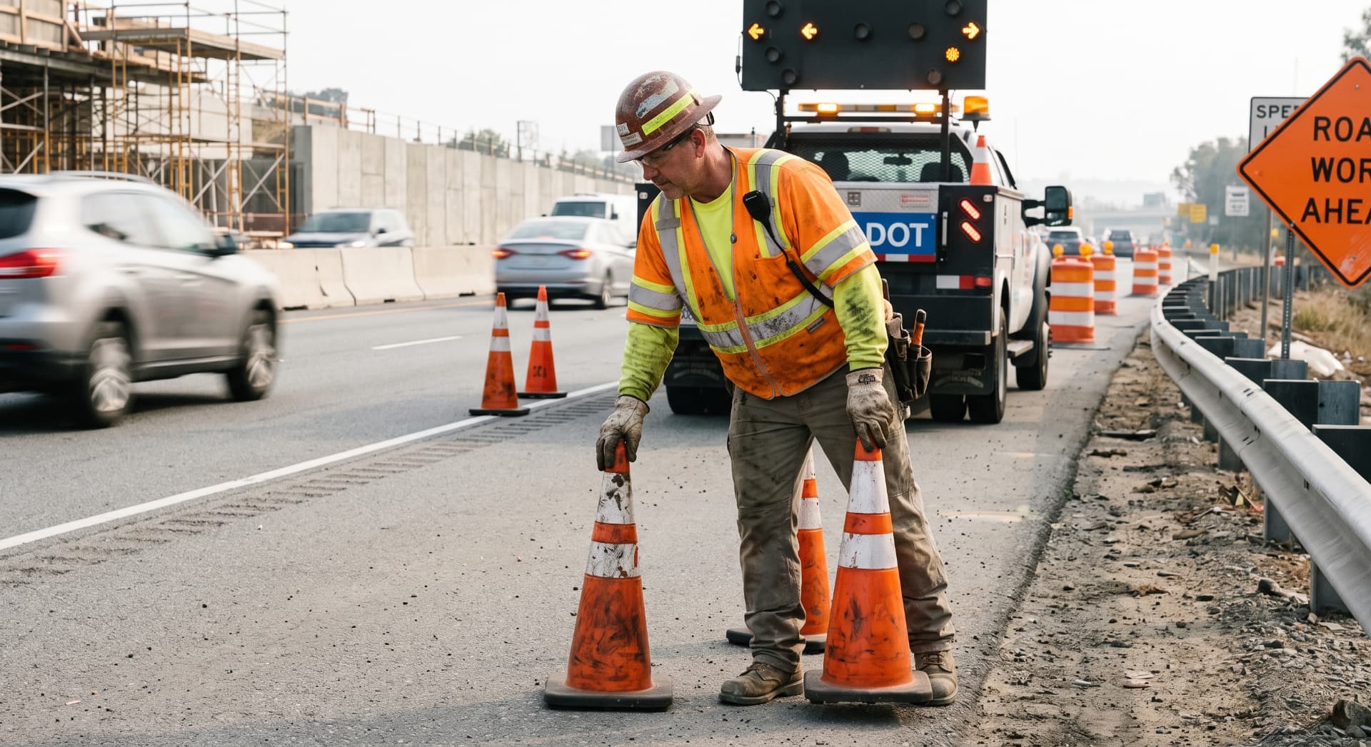 Road maintenance worker setting safety cones beside an active work zone