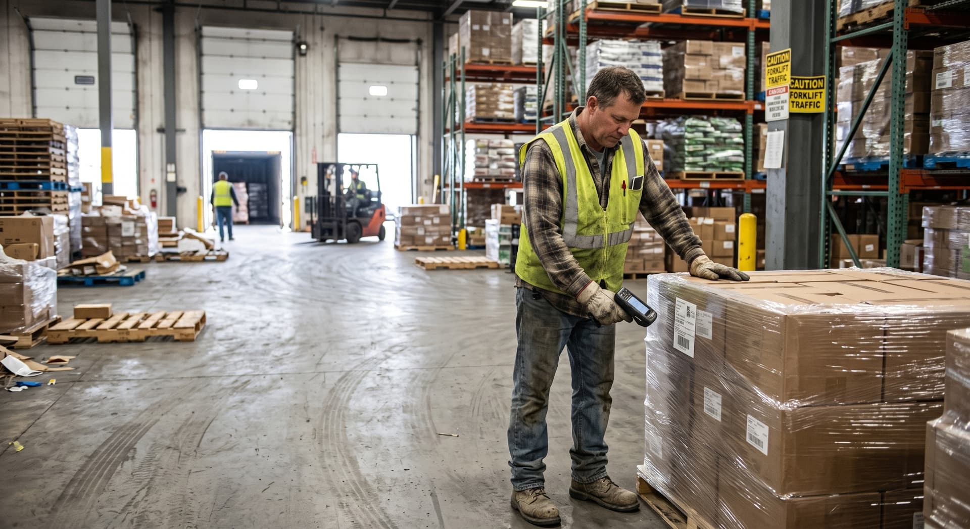 Warehouse employee scanning a shipment in a distribution facility