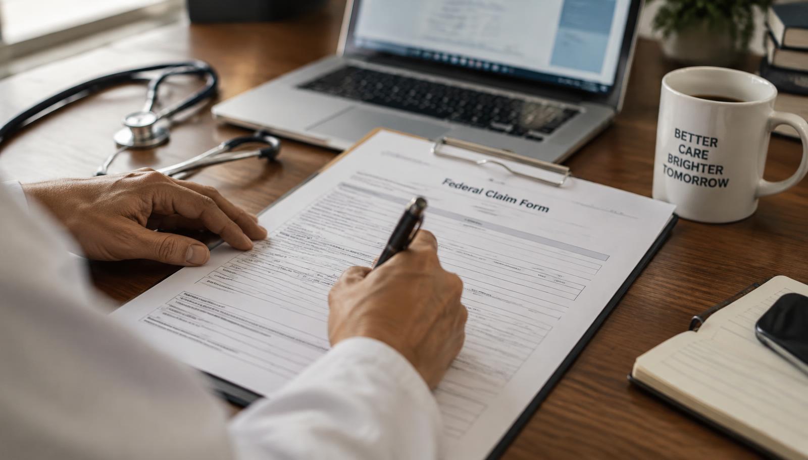 Physician's hands completing a federal claim form on a clipboard beside a laptop and stethoscope
