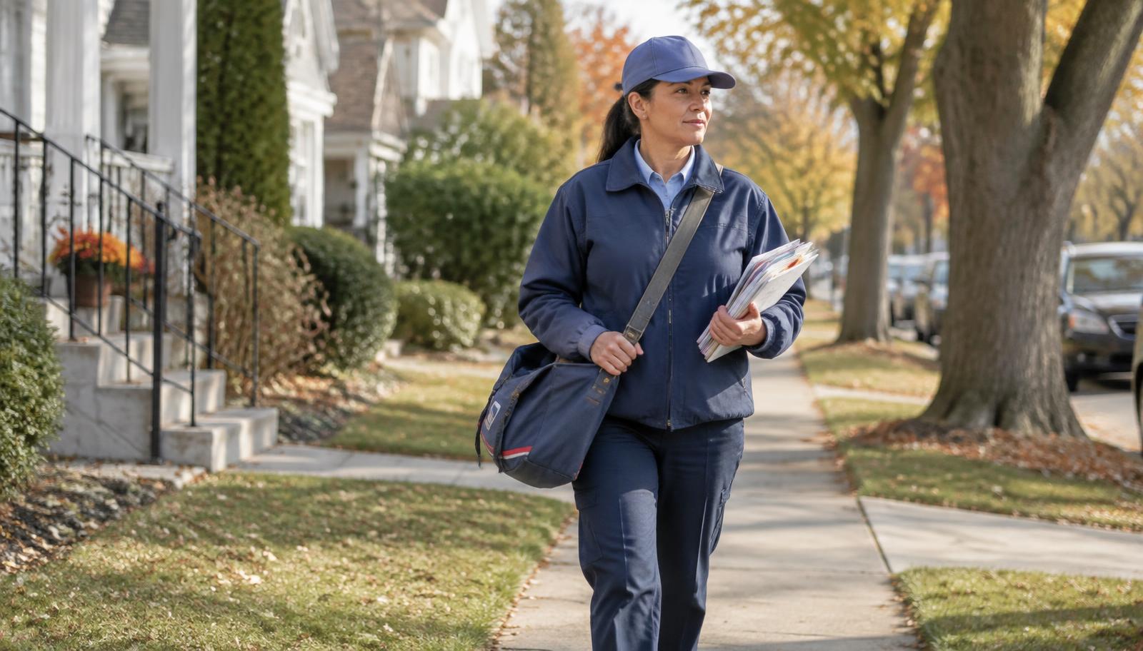 Letter carrier in a blue uniform walking a suburban delivery route with a mail satchel on an autumn morning