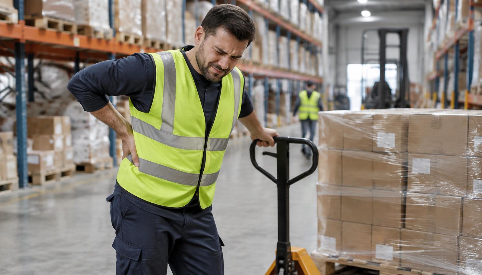 Warehouse worker in a high-visibility vest holding his lower back beside a pallet jack in a distribution center