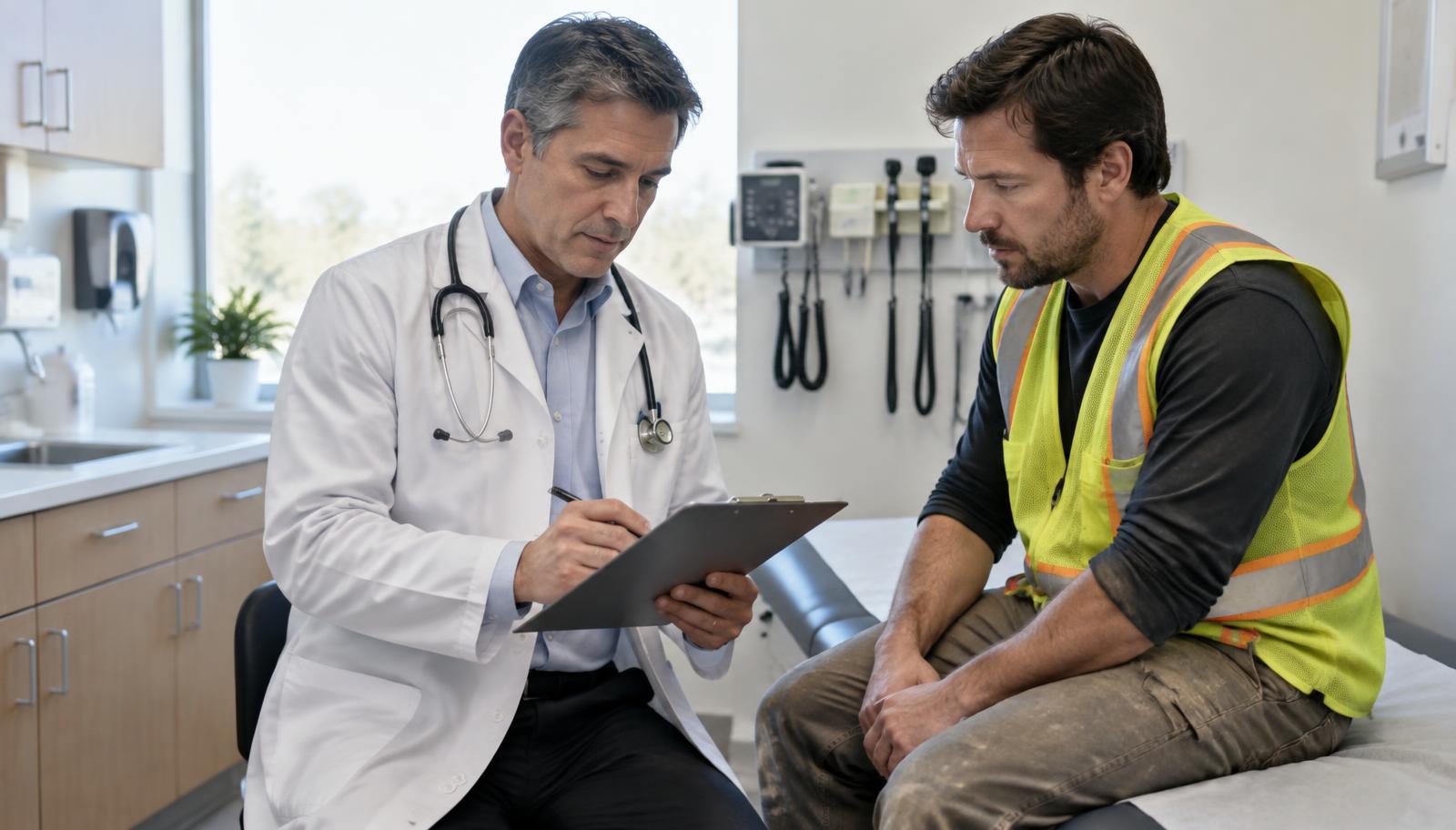 Physician in a white coat writing work restrictions on a clipboard while a construction worker in a safety vest sits on an exam table